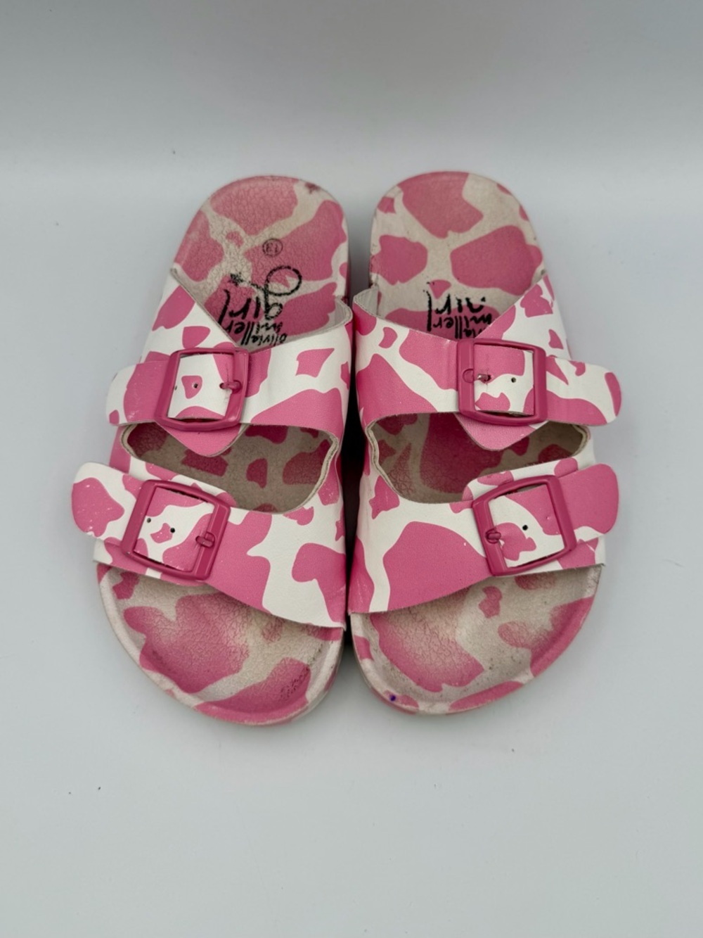 Olivia Miller Pink & White Camo Double-Buckle Slide Sandals